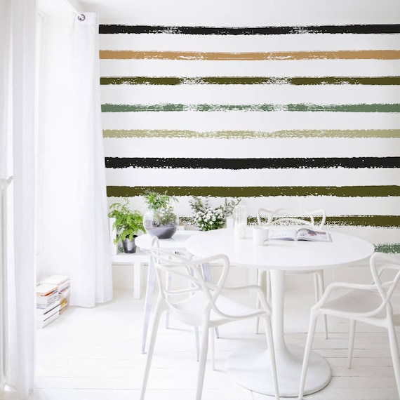 Green Stripes Wall Mural Grunge Lines Peel & Stick Wallpaper Etsy