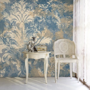 Baroque Style Damask Removable Wallpaper, Blue Yellow Vintage Mural, Retro Self Adhesive Decor, Grunge Peel and Stick Paper