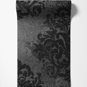 Dark Grunge Damask Wallpaper, Black and White Removable Wall Décor, Peel and Stick, Self-Adhesive Fabric Floral Mural image 3