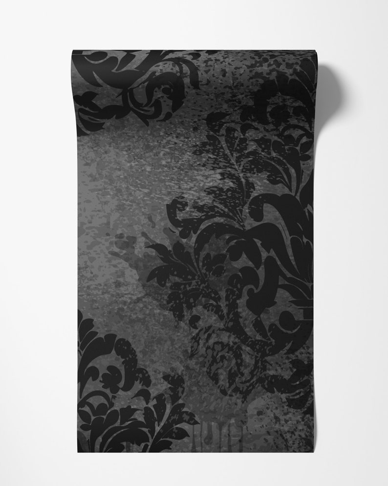 Dark Grunge Damask Wallpaper, Black and White Removable Wall Décor, Peel and Stick, Self-Adhesive Fabric Floral Mural image 3