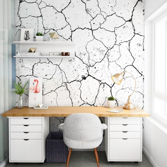 Negro Y Blanco Grietas Pared Mural Grunge Peel Stick Etsy