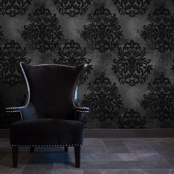 Dark Grunge Damask Wallpaper, Black and White Removable Wall Décor, Peel and Stick, Self-Adhesive Fabric | Floral Mural