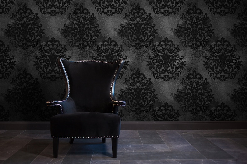 Dark Grunge Damask Wallpaper, Black and White Removable Wall Décor, Peel and Stick, Self-Adhesive Fabric Floral Mural image 1
