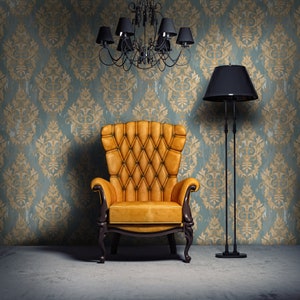 Removable Yellow Damask Mural, Victorian Blue Green Wallpaper, Self Adhesive Vintage Decor, Retro Peel and Stick Paper