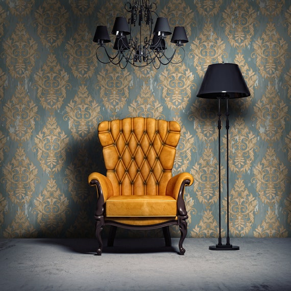Removable Yellow Damask Mural Victorian Blue Green Wallpaper - Etsy Australia Removable Yellow Damask Mural Victorian Blue Green Wallpaper - Etsy Australia
