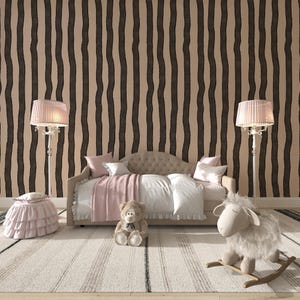 black beige painted stripes wallpaper, nursery wall decor | 094