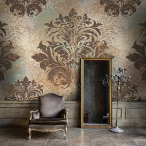 Baroque Style Damask Removable Wallpaper, Brown Yellow Vintage Mural, Retro Self Adhesive Decor | 071