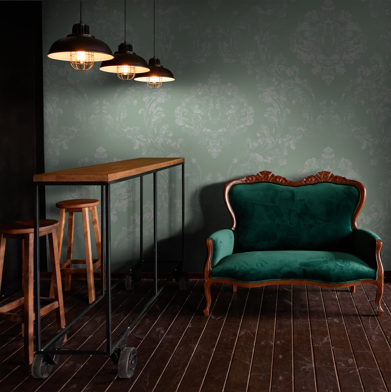 Green Vintage Damask Mural Dark Victorian Wallpaper Retro - Etsy
