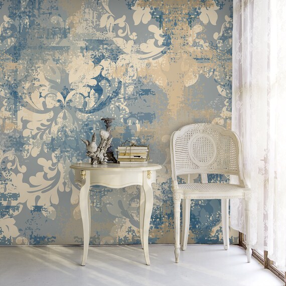 Baroque Style Damask Removable Wallpaper Blue Yellow Vintage - Etsy Canada