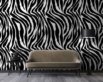 Black an White Zebra Print Wallpaper, Removable, Peel and Stick, Self-Adhesive Fabric | Floral Mural