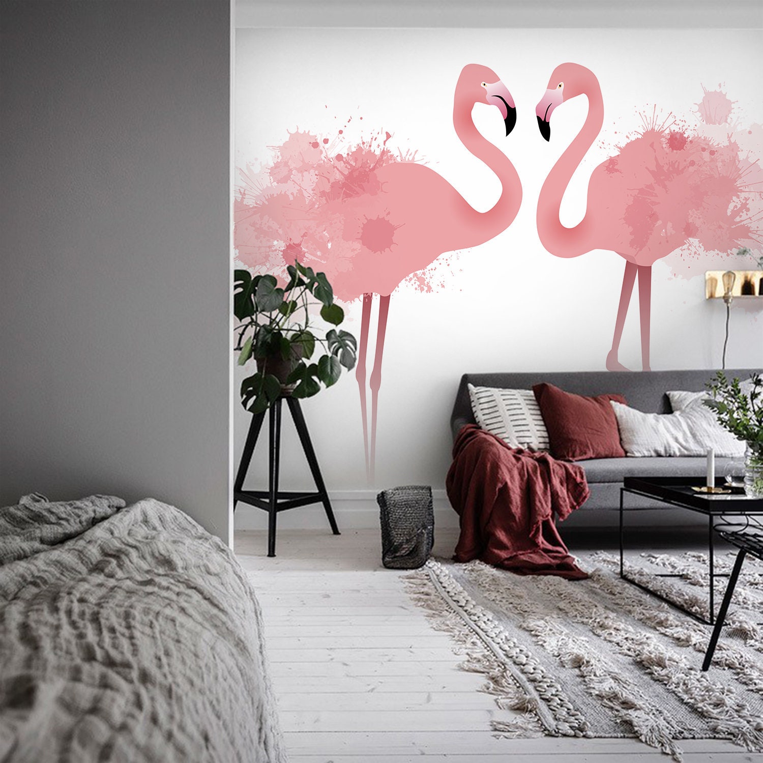 Pink Flamingo Wall Mural Self Adhesive Cute Birds Wallpaper Etsy