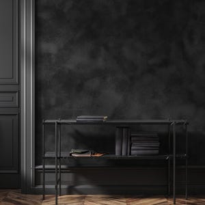 May include: A black metal bookshelf with two shelves, holding stacks of books and a few smaller items. The background features a dark, textured wall and a wooden floor with a herringbone pattern. The room is painted in shades of black and dark brown.