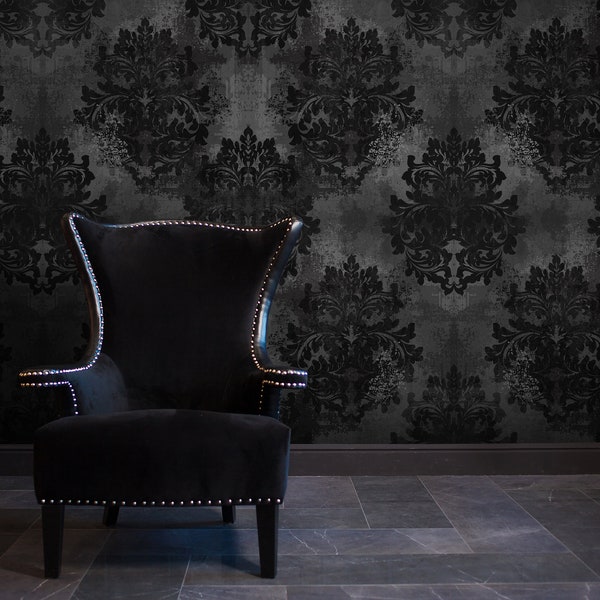 Dark Grunge Damask Wallpaper, Black and White Removable Wall Décor, Peel and Stick, Self-Adhesive Fabric | Floral Mural