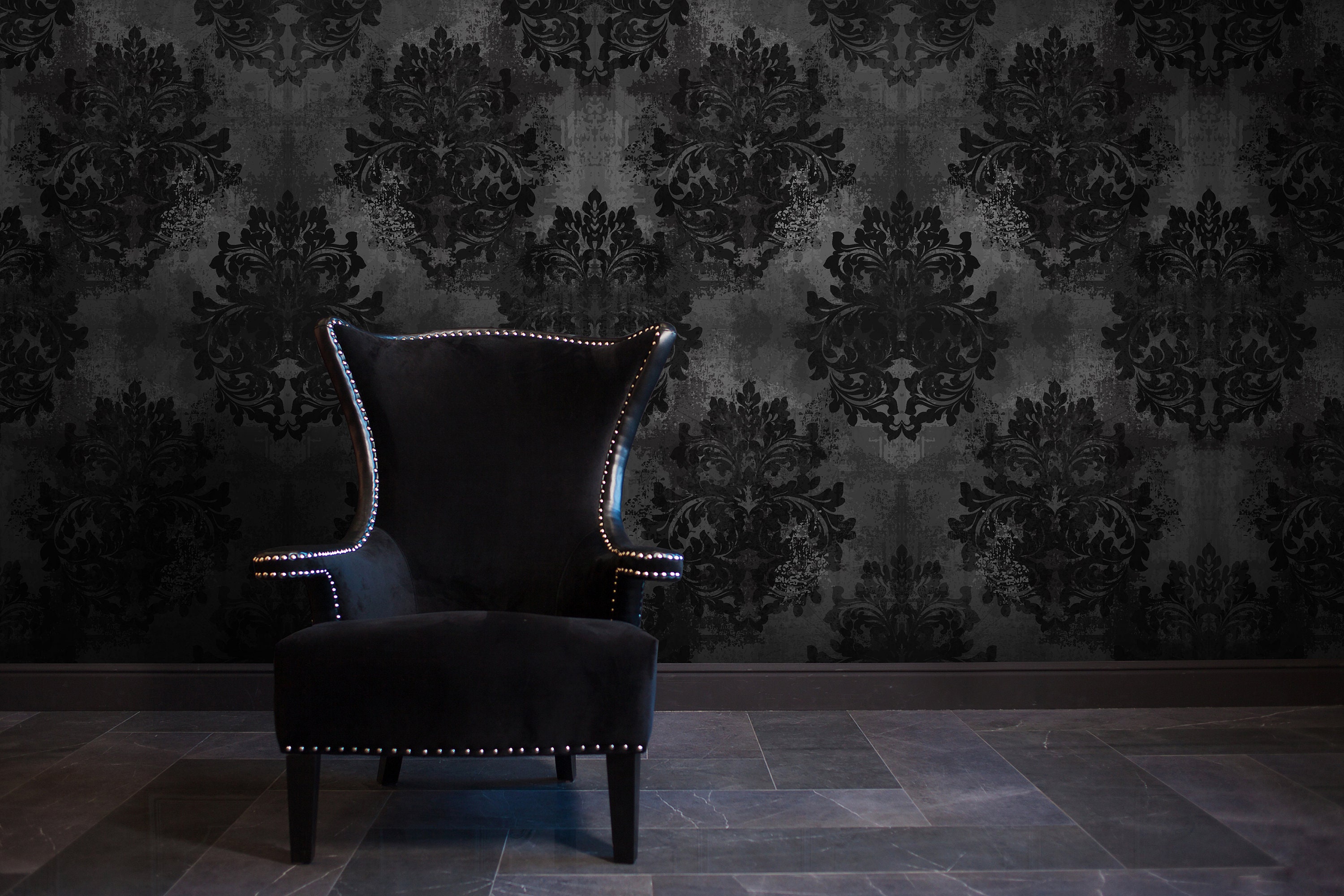 Dark Grunge Damask Wallpaper Black and White Removable Wall - Etsy Dark Grunge Damask Wallpaper Black and White Removable Wall - Etsy