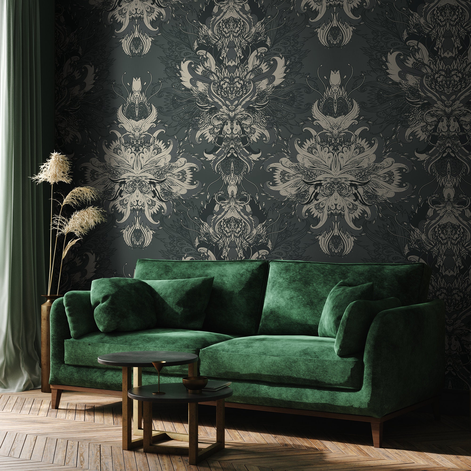 Removable Dark Green Damask Mural Victorian Wallpaper Self - Etsy Removable Dark Green Damask Mural Victorian Wallpaper Self - Etsy
