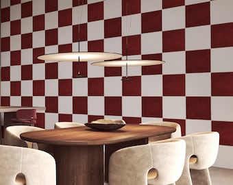 Red Tiles Wallpaper, Bold Check Pattern Print | 013