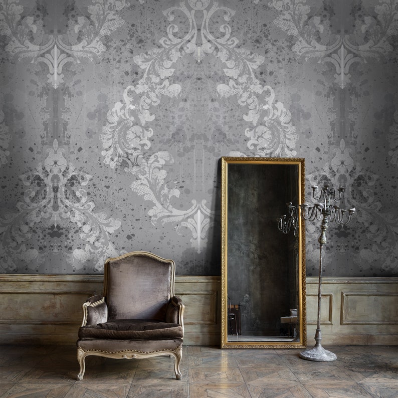Dark Gray Damask Wall Mural Grunge Peel and Stick Wallpaper Etsy