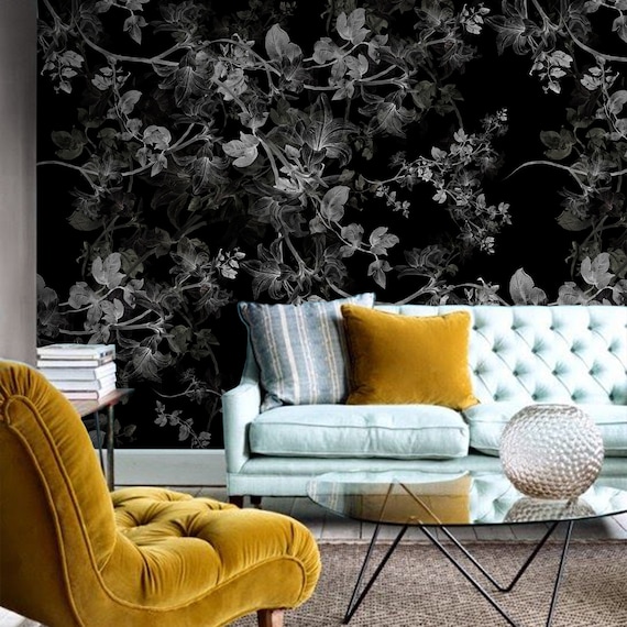 Removable Dark Floral Mural Black Wallpaper With Flowers Etsy