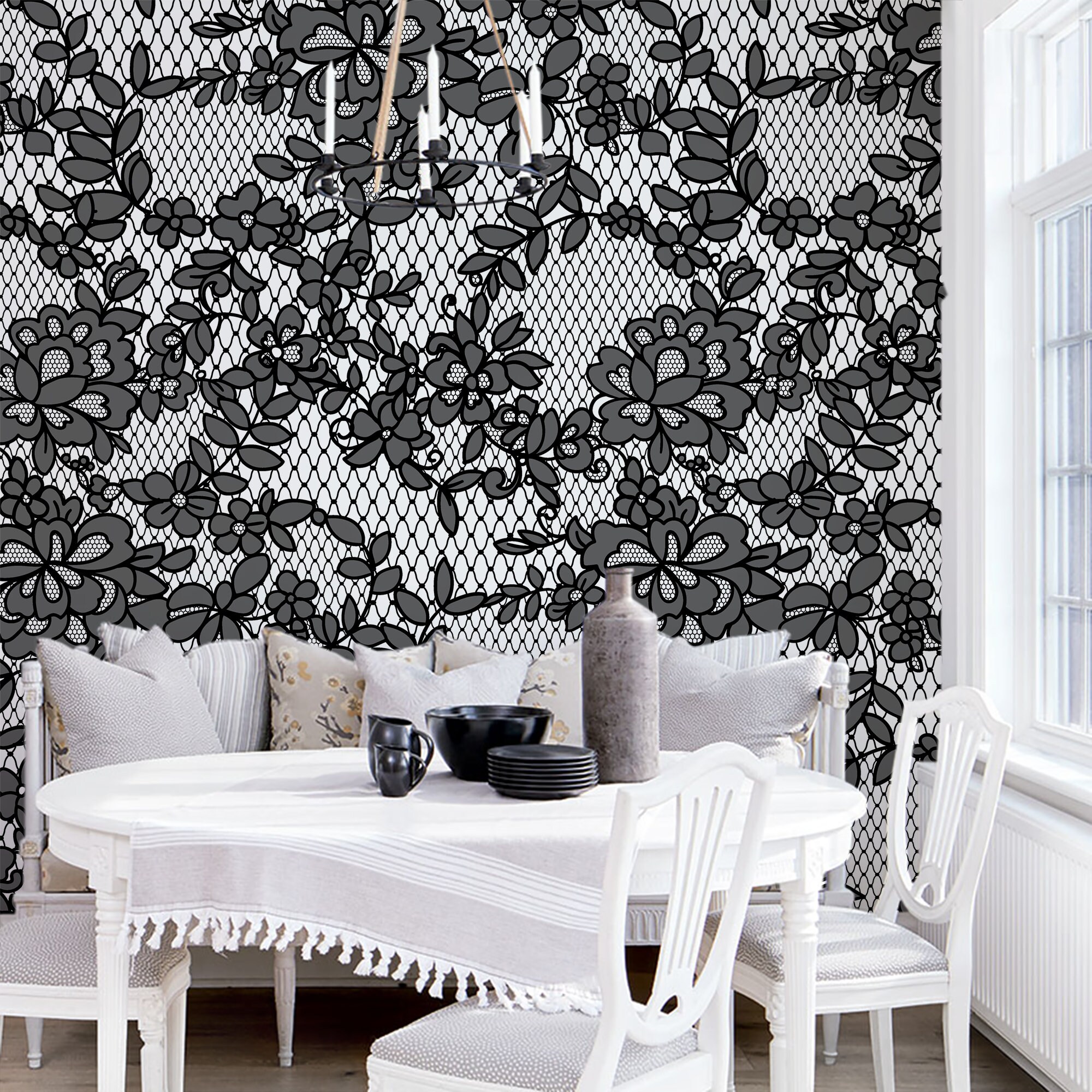 Black and White Floral Wall Mural Roses and Leaves Peel & Etsy