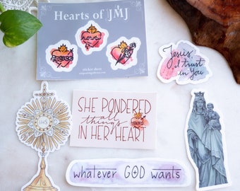 Cute Catholic Watercolor Sticker Set: Divine Mercy, Sacred Heart, Monstrance