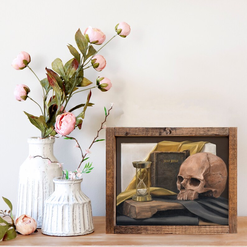 Impressão Memento Mori: Caveira, Ampulheta e Bíblia - Arte Sacra Católica 8x10 giclee