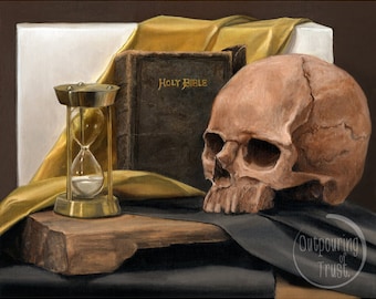 Lámina Memento Mori: Calavera, reloj de arena y Biblia - Arte Sacro Católico