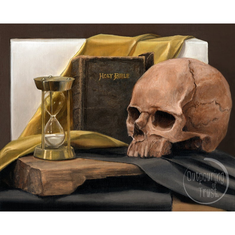 Impressão Memento Mori: Caveira, Ampulheta e Bíblia - Arte Sacra Católica 11x14 giclee