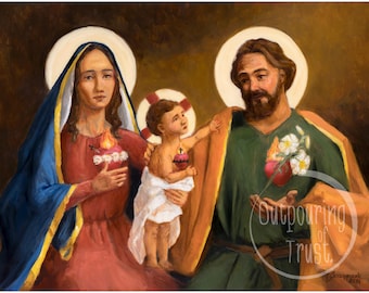 Impressão artística da Sagrada Família: Jesus, Maria e José, Sagrados Corações