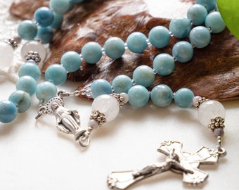 Star of the Sea Blue Rosary - Larimar Quartz and Jade Natural Stone Beads