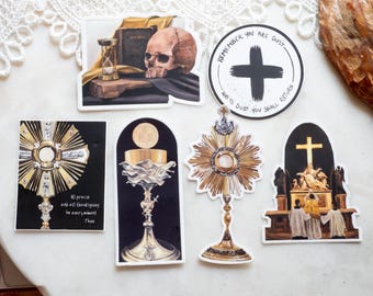 Pacote de Adesivos Memento Mori - Arte Católica - Caveira, Eucaristia, Missa em Latim