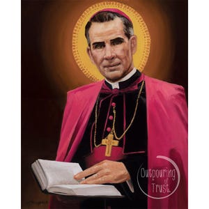 Peut inclure: Un portrait peint représentant un homme en tenue cléricale, vêtu d'une soutane noire avec une ceinture et une cape magenta, portant une croix dorée. Un halo jaune entoure sa tête et il tient un livre ouvert. Le texte Outpouring of Trust est visible.