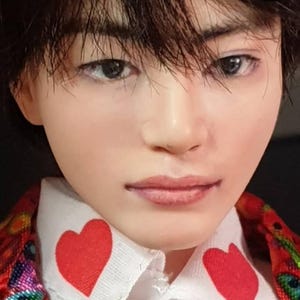 Può includere: Volto di bambola con capelli scuri e lineamenti realistici. La bambola indossa una camicia bianca con colletto e due disegni a forma di cuore rosso. La giacca ha un motivo floreale colorato.