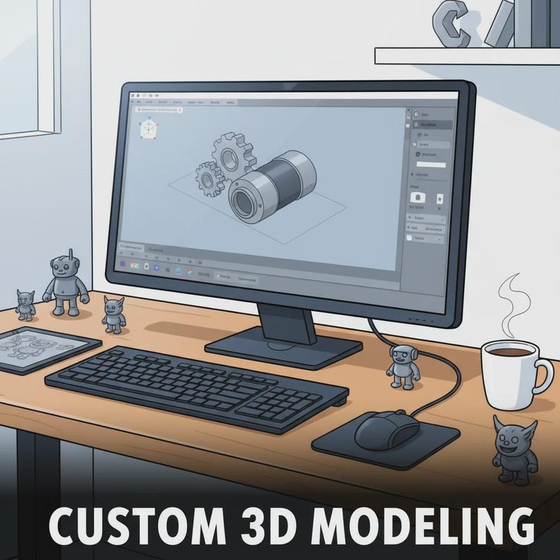 May include: A computer monitor displaying 3D modeling software with gears and a cylinder, a keyboard, a mouse on a pad, a tablet, a coffee mug, and four small grey robot figurines on a desk with the text CUSTOM 3D MODELING at the bottom.