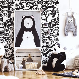 Papier peint à gribouiller pour chambre d'enfant, décoration murale de plus de 100 personnages de pandas différents, papier peint noir et blanc, papier peint de dessin animé, amateurs d'ours panda
