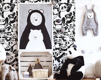 Panda Doodle Wallpaper for Kids – Black and White Panda Bear Wall Mural Peel and Stick