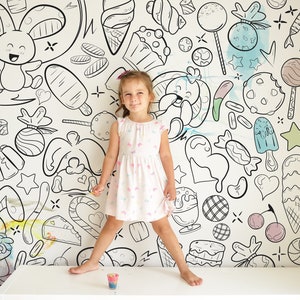 Cute Bunnies Doodle Coloring Wallpaper, KidsRoom InteractiveDecor, DIY, KidsColoringPageWall, WallMuralForKidsRoom, PeelAndStickWallpaper zdjęcie 6