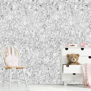 Papel tapiz de garabatos para habitación de niños, coloréame 250 murales de pared de conejitos diferentes, papel tapiz de dibujos animados en blanco y negro, papel tapiz interactivo para colorear imagen 4