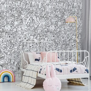 Papel tapiz de garabatos para habitación de niños, coloréame 250 murales de pared de conejitos diferentes, papel tapiz de dibujos animados en blanco y negro, papel tapiz interactivo para colorear imagen 2