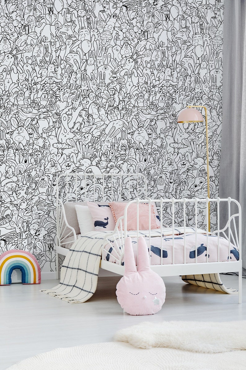 Papel tapiz de garabatos para habitación de niños, coloréame 250 murales de pared de conejitos diferentes, papel tapiz de dibujos animados en blanco y negro, papel tapiz interactivo para colorear imagen 2