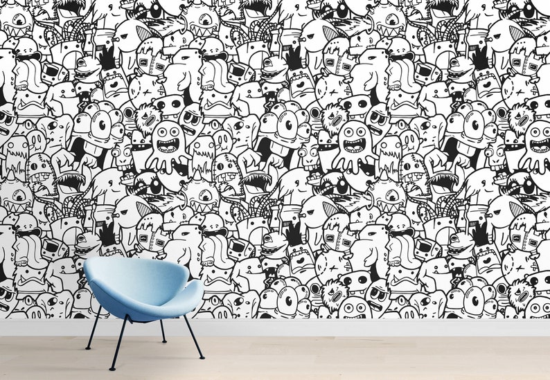 Kids Room Doodles Wallpaper Nursery Wall Murals Black White Etsy Canada