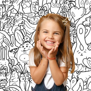 kinderkamer doodles behang, color me 250 verschillende kleine konijntjes muurschildering, zwart wit tekenfilmbehang, interactief kleurbehang