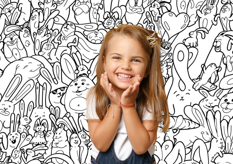 Papel tapiz de garabatos para habitación de niños, coloréame 250 murales de pared de conejitos diferentes, papel tapiz de dibujos animados en blanco y negro, papel tapiz interactivo para colorear imagen 1