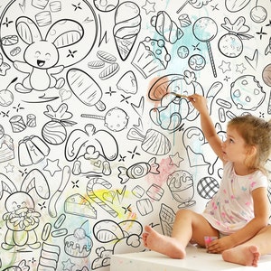 Cute Bunnies Doodle Coloring Wallpaper, KidsRoom InteractiveDecor, DIY, KidsColoringPageWall, WallMuralForKidsRoom, PeelAndStickWallpaper zdjęcie 7