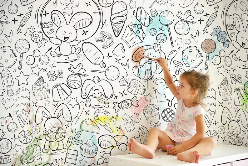 Cute Bunnies Doodle Coloring Wallpaper, KidsRoom InteractiveDecor, DIY, KidsColoringPageWall, WallMuralForKidsRoom, PeelAndStickWallpaper zdjęcie 7