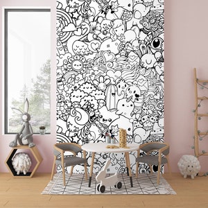 kids room doodles wallpaper, nursery wall murals, black white wallpaper, modern home decor wallpaper, coloring wallpaper, no lazy wallpapers