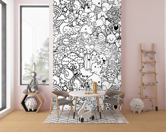 kids room doodles wallpaper, nursery wall murals, black white wallpaper, modern home decor wallpaper, coloring wallpaper, no lazy wallpapers