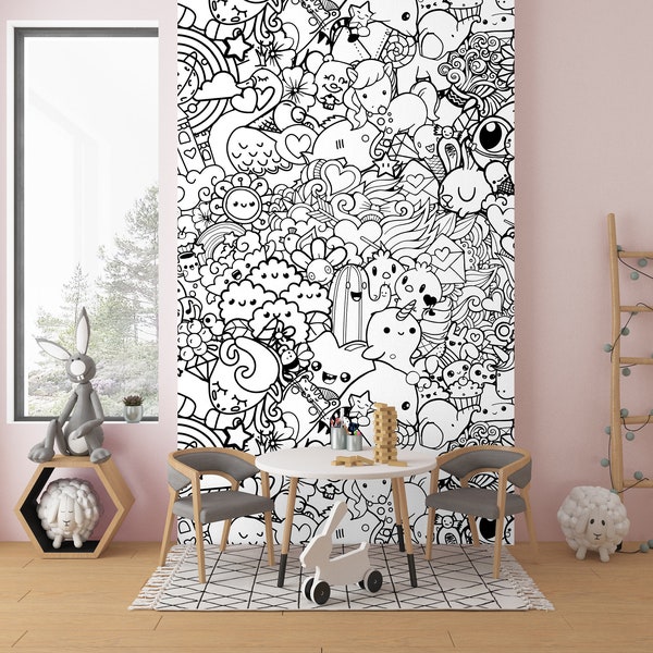 kids room doodles wallpaper, nursery wall murals, black white wallpaper, modern home decor wallpaper, coloring wallpaper, no lazy wallpapers