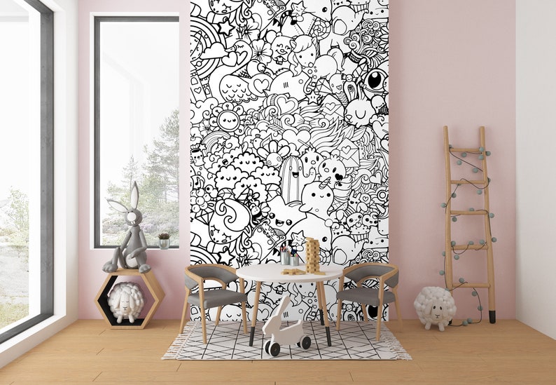 Kids room doodles wallpaper nursery wall murals black white Etsy