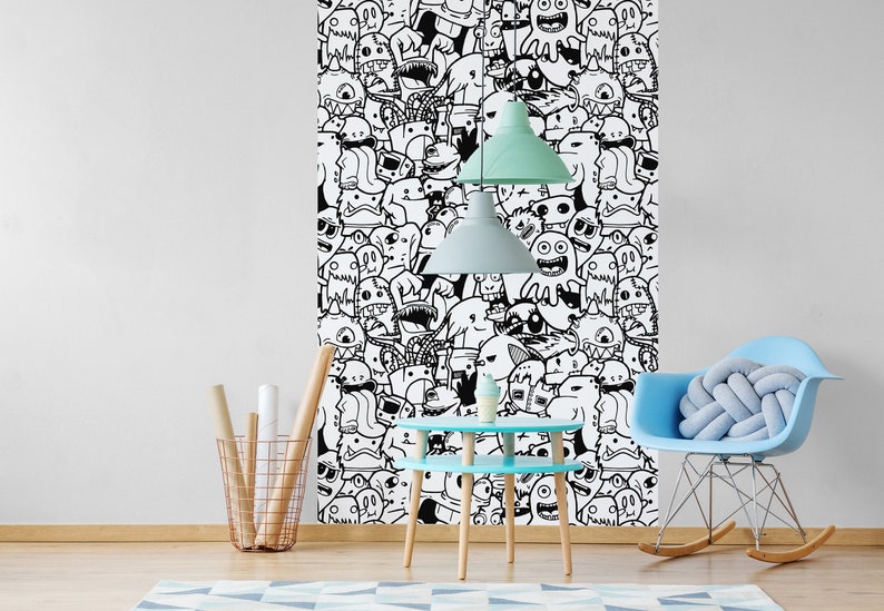 Kids Room Doodles Wallpaper Nursery Wall Murals Black White Etsy Canada