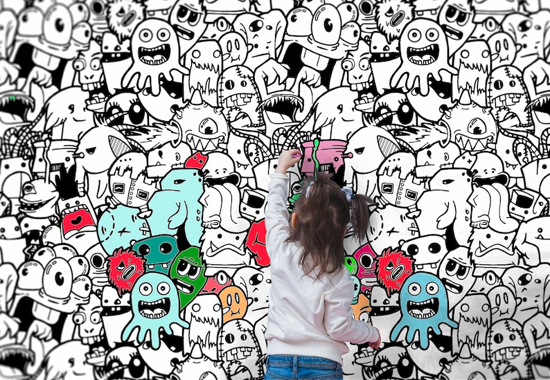 Kids Room Doodles Wallpaper Nursery Wall Murals Black White Etsy Canada